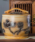 Hand Painted Ceramic Grain Storage Jar With Airtight Locking Lid For Massive Batches Of Flour Sugar Rice And Coffee, detailed floral design.