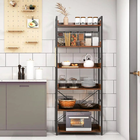 Five Tier Industrial Bookshelf With Four Hooks Built Tough Anti Tip Raised Edge Open Storage For Books Plants Decor Keeps Clutter Off The Floor And Tidy Living Space featuring kitchen items and decor