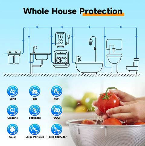 Two Stage Whole House Water Filtration System With Ten Inch By Four Point Five Inch Universal Housing One Inch Inlet And Outlet NSF 42 Certified Sediment And Carbon Block Filters External Pressure Gauges Easy Cartridge Replacements whole house protection diagram
