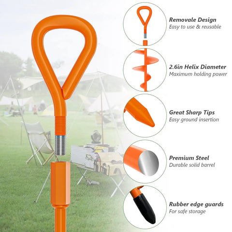 18 Inch Beefy Duty Ground Anchors Screw In Kit With T Handle Hex Wrench Orange, shown with details and camping gear background