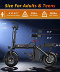 Powerful 1200W Peak Motor Foldable Ebike For Adults With 25 MPH Top Speed 45 Mile PAS Range side view with dimensions