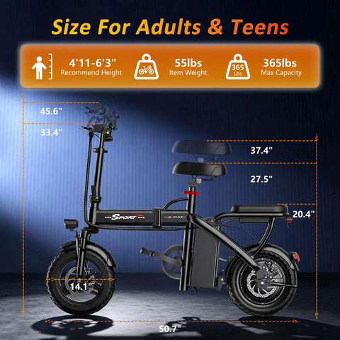 Powerful 1200W Peak Motor Foldable Ebike For Adults With 25 MPH Top Speed 45 Mile PAS Range side view with dimensions