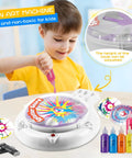 Child using Spin Art Kit For Kids With Thick Paint Spinner Machine And Splatter Guard, Totally Fun Arts And Crafts Gift For Ages 6 To 12