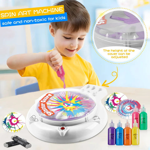 Child using Spin Art Kit For Kids With Thick Paint Spinner Machine And Splatter Guard, Totally Fun Arts And Crafts Gift For Ages 6 To 12