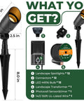 Image showing components of the All-In-One Low Voltage Landscape Lighting Kit With Sweet 5W Spotlights, 200W Transformer, 150Ft Wire, Connectors.