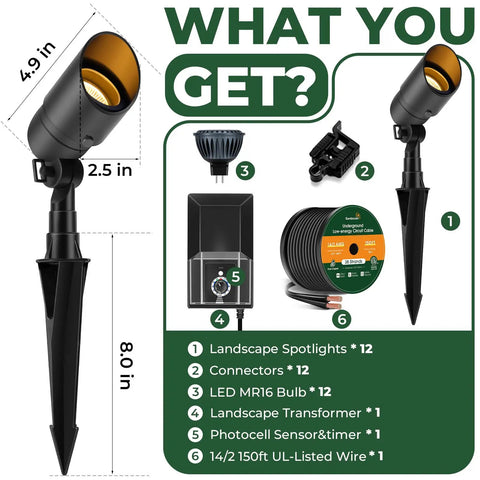 Image showing components of the All-In-One Low Voltage Landscape Lighting Kit With Sweet 5W Spotlights, 200W Transformer, 150Ft Wire, Connectors.