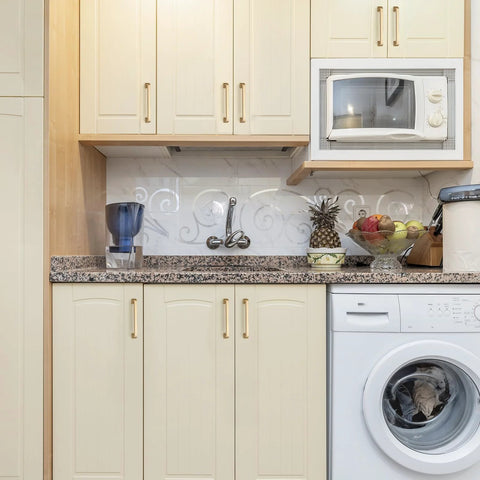 10 Pack 5 Inch Champagne Bronze Cabinet Handles Center To Center 5 Inch Solid Zinc Alloy Pulls on kitchen cupboards, washer nearby.