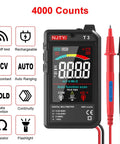 Ultra Thin Rechargeable Digital Multimeter With 3.2 Inch Color LCD Auto Ranging 600V AC DC Tester For Resistance NCV Live Wire Detection Type C Charging High Precision 4000 Counts Portable Volt Meter For Home Workshop showing front display with probes and features icons.