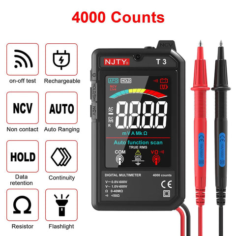 Ultra Thin Rechargeable Digital Multimeter With 3.2 Inch Color LCD Auto Ranging 600V AC DC Tester For Resistance NCV Live Wire Detection Type C Charging High Precision 4000 Counts Portable Volt Meter For Home Workshop showing front display with probes and features icons.