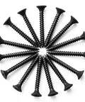Heavy Duty Workhorse 6 X 1 1/4 Fine Thread Drywall Screws arranged in a circular pattern, featuring a black phosphate coating.