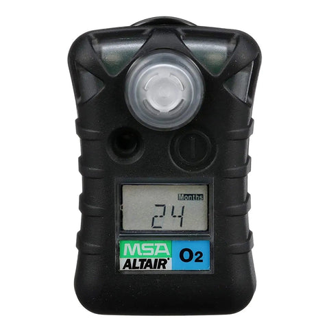 Front view of black Single Gas Detector For Oxygen O2 Range 19.52% To 23.0%, LCD display, handheld monitor with rugged design