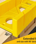 12 Inch Heavy Duty Mitre Box For Precise 45, 90, And 135 Degree Cuts, Impact-Resistant ABS Plastic DIY Woodworking Tool For Pros, Woodworkers, Carpenters, And Hobbyists, Yellow, 90-degree slot detail view on wood.