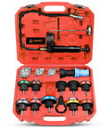 No Sweat Radiator Pressure Tester Kit Featuring 18 Premium Adapters And Rock Solid Hand Pump in red case with various fittings