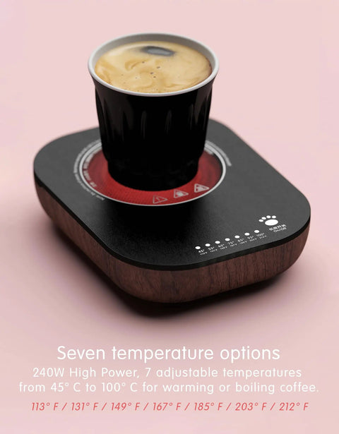 Keep Your Daily Joe Running Warm 240W Electric Coffee Mug Warmer with a black cup on a sleek warming platform.