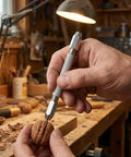 Close-up of hands using Top Shelf 6 Piece Double Ended Pin Vise Kit For Jewelry Making And Wire Twisting to carve a walnut in workshop.