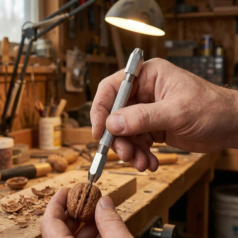 Close-up of hands using Top Shelf 6 Piece Double Ended Pin Vise Kit For Jewelry Making And Wire Twisting to carve a walnut in workshop.