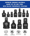 Impact Socket Adapter And Reducer Set With Universal Joint Swivels, Eleven Piece Kit From One Quarter Inch To One Inch Drive, CrMo Steel, Storage Case, Pro Grade For Auto Repair, Maintenance And DIY Projects; CR-MO steel adapters