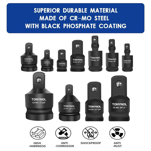 Impact Socket Adapter And Reducer Set With Universal Joint Swivels, Eleven Piece Kit From One Quarter Inch To One Inch Drive, CrMo Steel, Storage Case, Pro Grade For Auto Repair, Maintenance And DIY Projects; CR-MO steel adapters