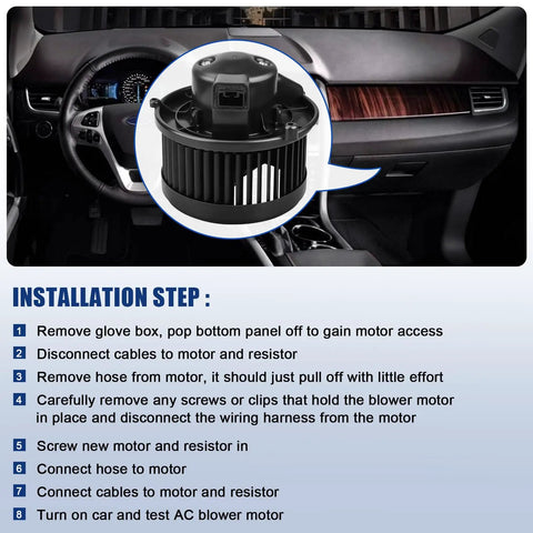 AC Blower Motor With Fan Replacement Fits 2006 To 2017 Chevy Equinox, installation steps in car interior view.