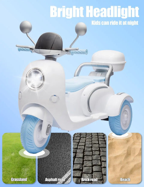 2 Seat Kids Motorcycle Ride On Toy With 12V Dual Motors 3 Wheel Electric Bike For Kids Ages 3 And Up With USB Bluetooth Lights Storage Box Blue Great For Fun showing bright headlight and different terrain options.