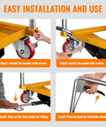 Easy installation guide for Heavy Duty Hydraulic Scissor Lift Table Cart 330 Lb with labeled steps and tool details.