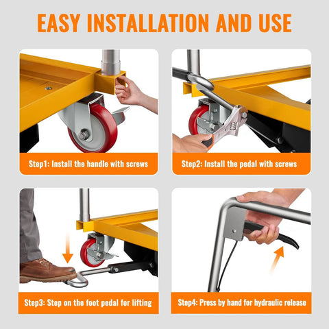 Easy installation guide for Heavy Duty Hydraulic Scissor Lift Table Cart 330 Lb with labeled steps and tool details.