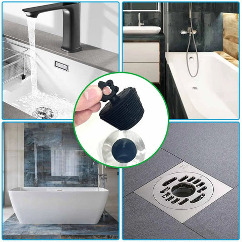 2 Pack Universal Silicone Bathtub Drain Stopper Plug For Tub And Sink Drains Black in various bathroom settings