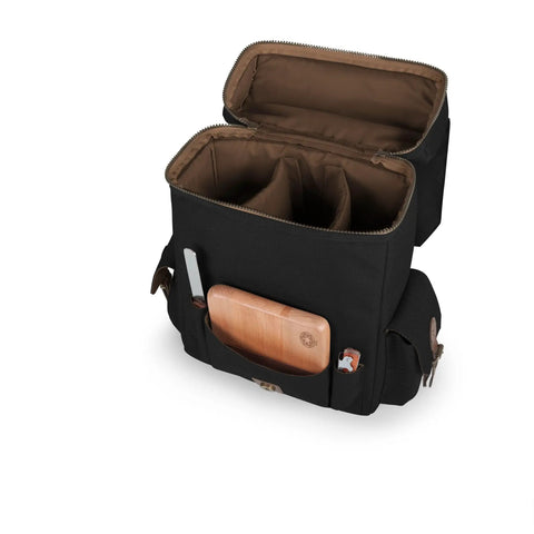 Top Shelf Star Wars Empire Insulated Wine Tote Holds Three Bottles with cheese cutting board and corkscrew in black.