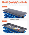 Seven Tier Double Sided Rolling Bin Storage Rack with 94 Plastic Bins on Wheels, dual lid showing flat and recessed tray surfaces