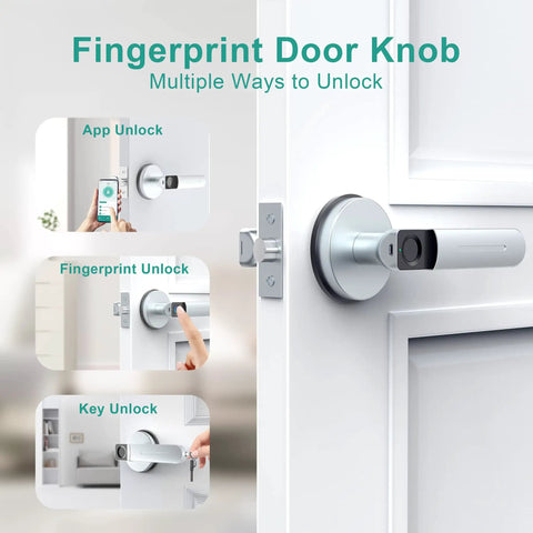 Smart Door Knob With App Control And Biometric Fingerprint Access Supports Up To 100 Fingerprints For Keyless Entry And Emergency Backup Keys Silver Finish For Interior Doors