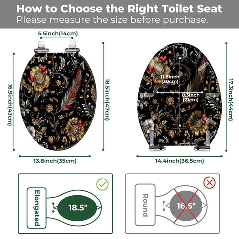 Elongated Toilet Seat Resin for Bathroom with floral design, dimensions labeled for proper fit and installation guidance.