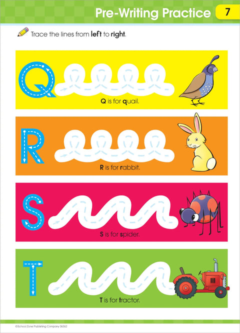 Pre-writing practice page from Get Ready for Kindergarten Workbook With 256 Pages of Early Learning Activities featuring letters Q to T.