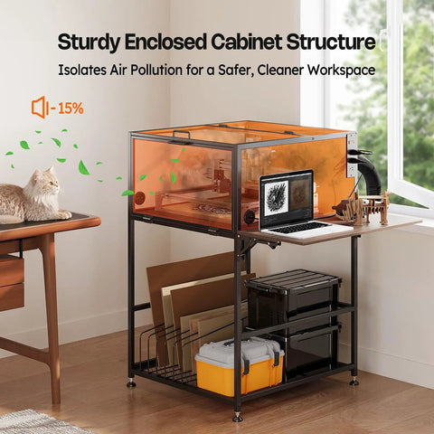 Laser Engraver Enclosure Cabinet With Exhaust And Ventilation Fan, heavy duty protective cover on tabletop with laser cutter.