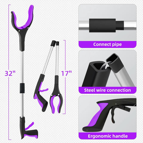 Two Pack 32 Inch Foldable Reacher Grabber Tool With 360 Degree Rotating Jaw And Magnetic Tip For Easy Pickup Lightweight Grabbers For Seniors And Elderly Purple