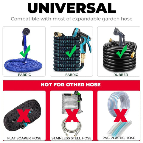 Compatibility guide for 4 Pack Expandable Garden Hose Repair Kit with universal connectors, including fabric and rubber hoses.