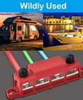 Road Ready Power Distribution Bus Bar With Four M8 Terminal Studs Handles 250 Amps On 12V Systems Built Tough For Solar And RV, red with wires.