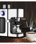 Italian 5 Bar Semi Automatic Espresso Machine Integrated Steam Wand Hot Water Spout brewing coffee with steam and beans.