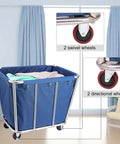 Straight Up Heavy Duty Stainless Steel Rolling Laundry Cart with smooth glide wheels and blue utility basket for linens.