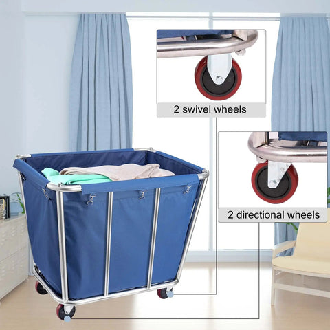 Straight Up Heavy Duty Stainless Steel Rolling Laundry Cart with smooth glide wheels and blue utility basket for linens.