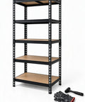 Premium Rock Solid Black Metal Five Tier Storage Shelving Unit With Quick Adjust Shelf Brackets For Garage Organization and Basement Utility Rack Setup with MDF levels.