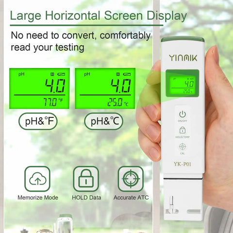 PH Meter For Water And Hydroponics With ATC, Large Horizontal Screen Shows pH And Temp In One View, handheld device in use