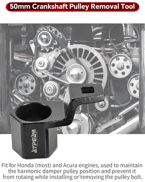50mm crankshaft pulley removal tool for Honda and Acura shown with engine background, pro grade alloy steel, anti corrosion finish.