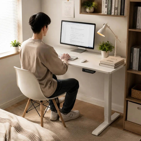 Compact Electric Standing Desk With Single Motor And One Touch Lift System Lowkey Perfect For Small Home Offices in use with monitor.