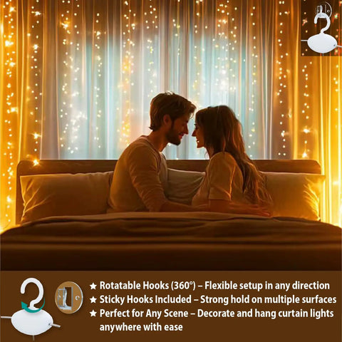 Couple sitting in front of Warm White Curtain Lights For Bedroom 300 LEDs 9.8Ft By 9.8Ft Window Fairy Curtain String Light with hooks