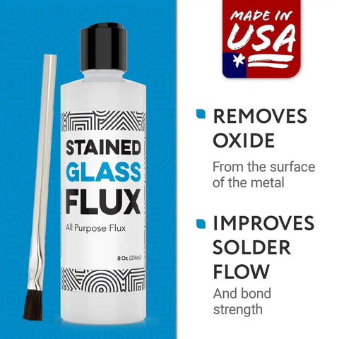 Liquid Zinc Flux For Stained Glass Soldering, 8 Oz Water Soluble Formula With Brush Included, Made in USA label visible