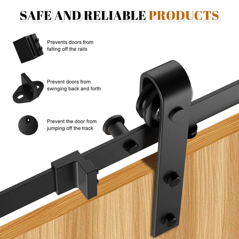 Heavy Duty 8 Ft Double Sliding Barn Door Hardware Kit In Black Carbon Steel With J-Shape Track For Two Doors Installed View