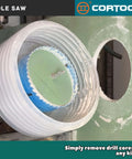 Cortool 3-inch bi-metal hole saw with blue arbor mounted in a drill.