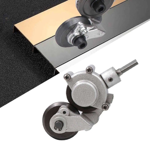 Electric Drill Plate Cutter And Double Headed Shear Drill Attachment cutting metal sheet for quick DIY projects.