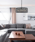 Eight Light Crystal Pendant Lamp Mocha Bronze Polished Nickel Ceiling Fixture Hand Forged Iron Grid Royal Cut Clear Glass Orbs in modern living space.