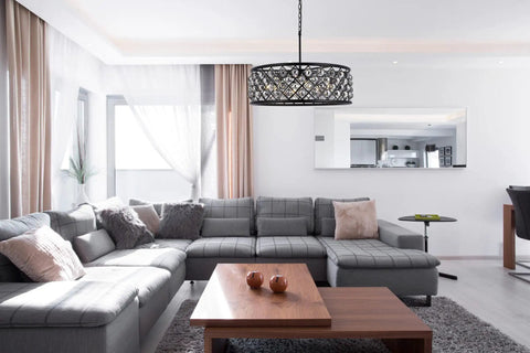 Eight Light Crystal Pendant Lamp Mocha Bronze Polished Nickel Ceiling Fixture Hand Forged Iron Grid Royal Cut Clear Glass Orbs in modern living space.